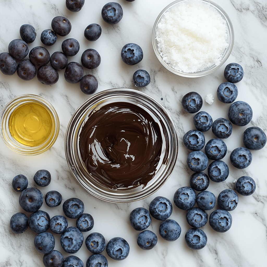 “Ingredients for Chocolate Covered Blueberries – fresh blueberries, melted milk chocolate, and coconut oil.”