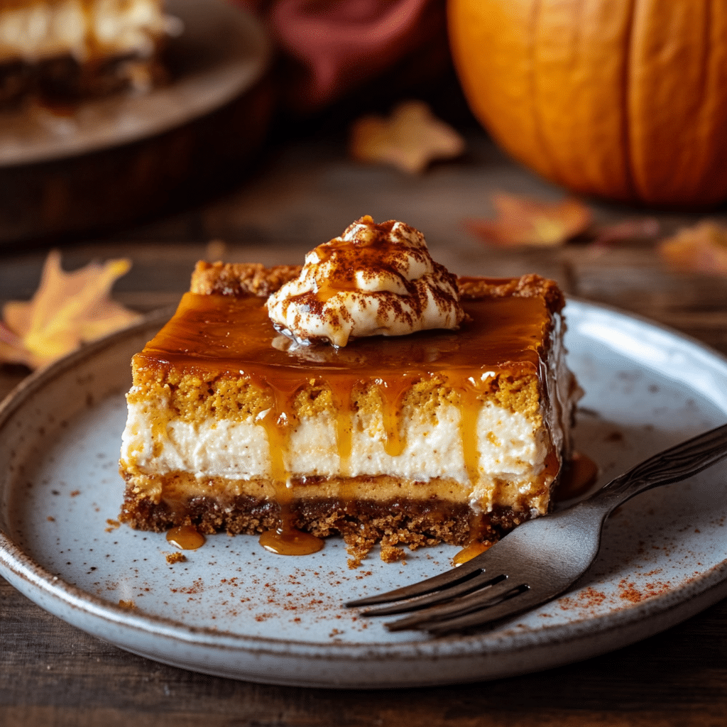 “Pumpkin Cheesecake Bar served on a plate with caramel drizzle and cozy fall background.”