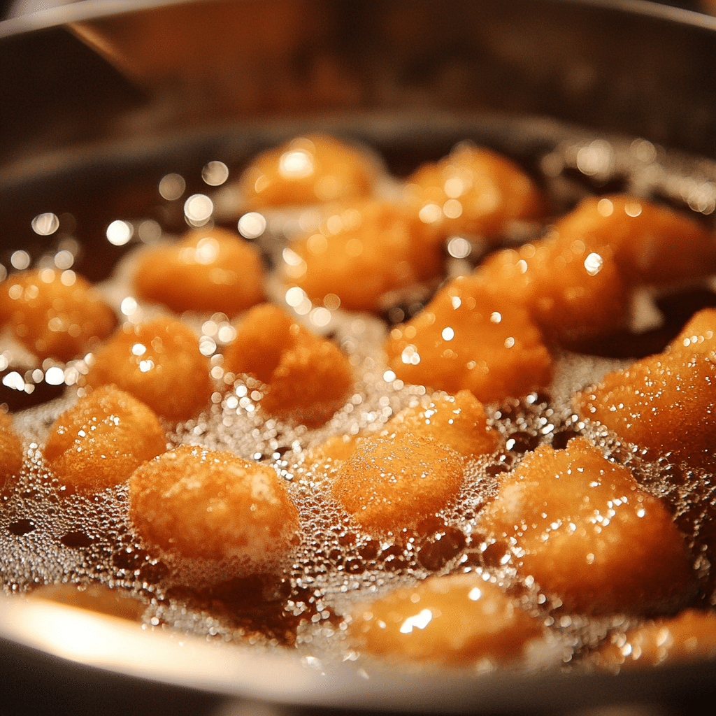 “Golden funnel cake bites frying in oil for a crispy fair-style texture.”