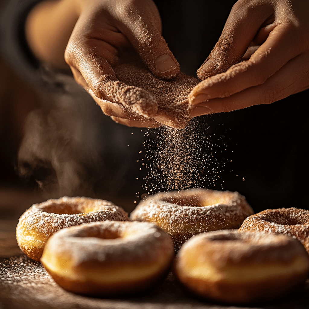 “Cinnamon sugar being dusted over warm baked doughnuts.”