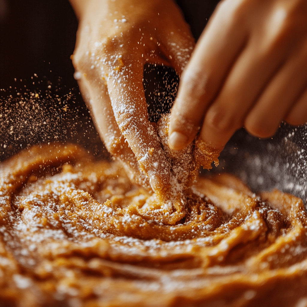 “Swirling cinnamon sugar into Mini Cinnamon Swirl Pumpkin Bread batter before baking.”