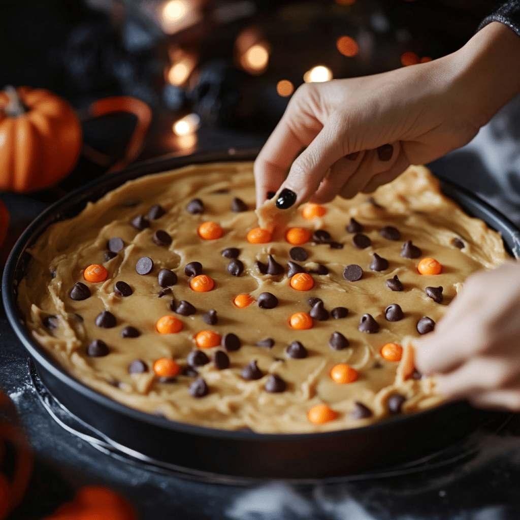 “Hands spreading Halloween Cookie Cake dough into a round baking pan with festive candies.”