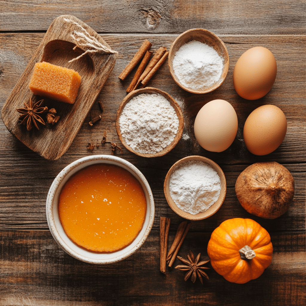 “Mini Cinnamon Swirl Pumpkin Bread ingredients displayed on a wooden table.”