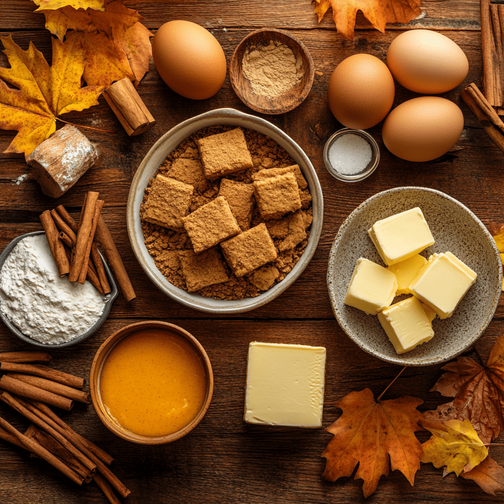 “Ingredients for Pumpkin Cheesecake Bars arranged on a rustic wooden surface with fall decorations.”