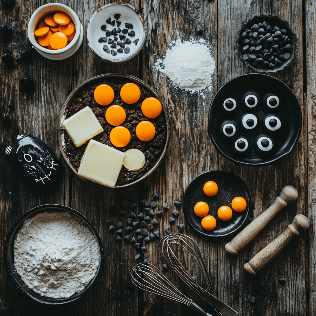 “Halloween Cookie Cake ingredients with colorful candies, butter, and flour on a rustic table.”