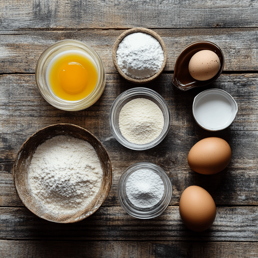 “Ingredients for homemade funnel cake bites laid out on a wooden surface.”