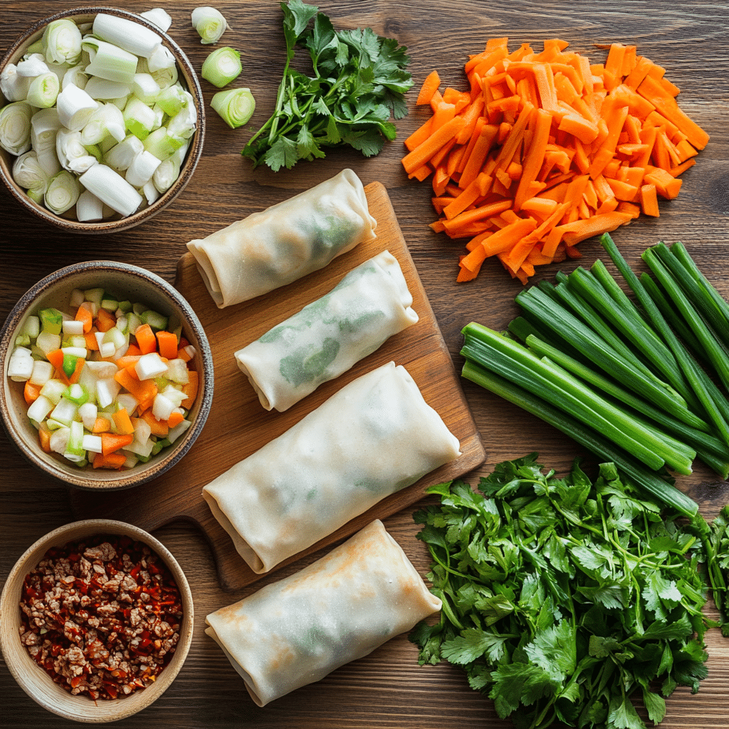 “Ingredients for Beef Egg Rolls with ground beef, cabbage, and wrappers on a wooden table.”