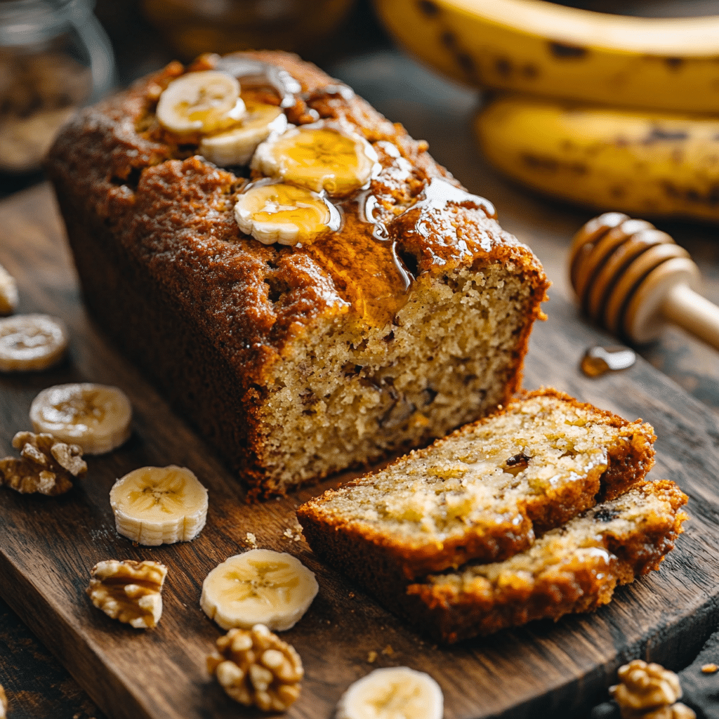 “Moist Healthy Banana Bread sliced and drizzled with honey.”