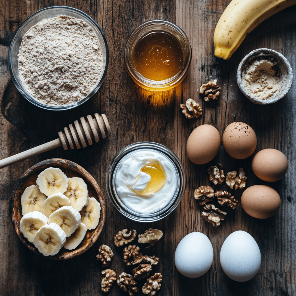 “Ingredients for Healthy Banana Bread – ripe bananas, honey, and whole wheat flour.”