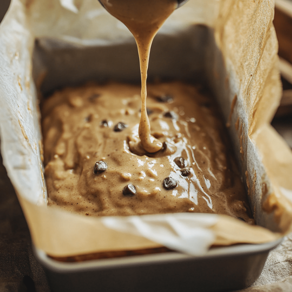 “Pouring moist banana bread batter into a loaf pan before baking.”