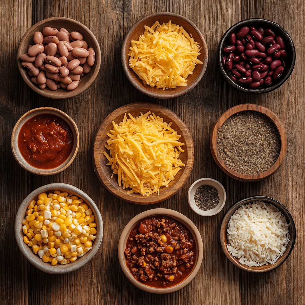 “Ingredients for cheesy ground beef enchilada chili displayed on a rustic wooden table.”