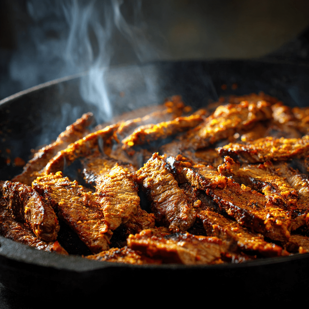 Sizzling beef shawarma strips cooking in a cast iron pan with visible spice crust and golden edges.
