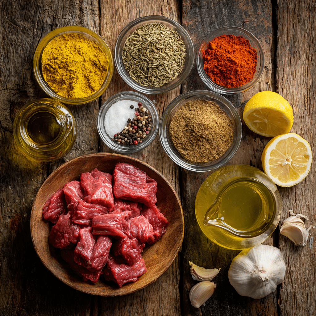 Ingredients for beef shawarma including spices, beef, garlic, lemon, and olive oil arranged on a wooden table.