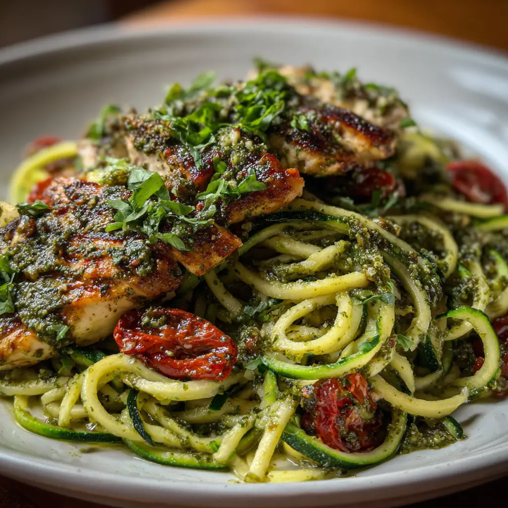 Zucchini Noodles with Pesto and Grilled Chicken