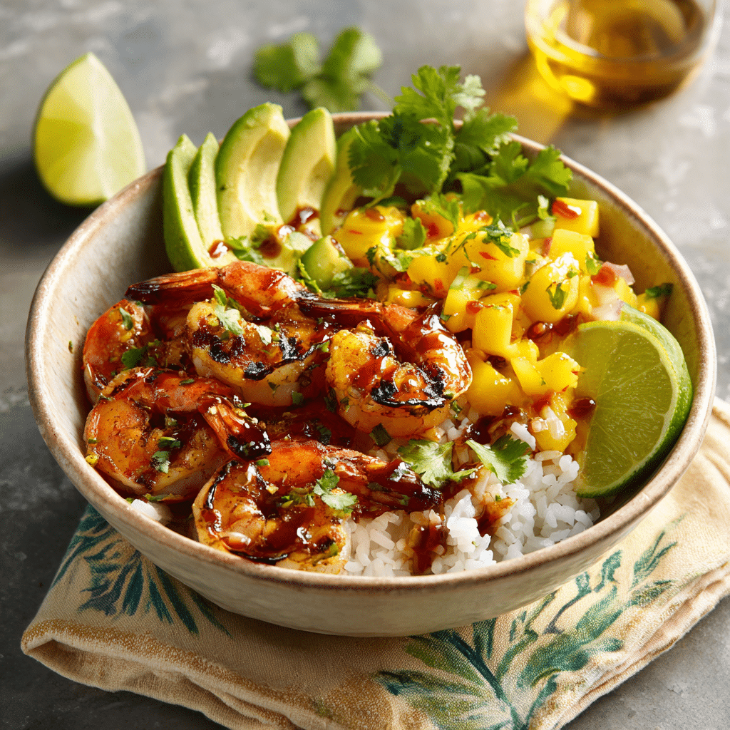 Final plated Shrimp and Avocado Bowl with Mango Salsa & Lime-Chili Sauce ready to serve.