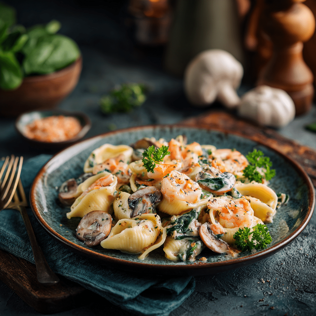Plated Creamy Spinach Mushroom Shrimp Shells garnished with parsley.