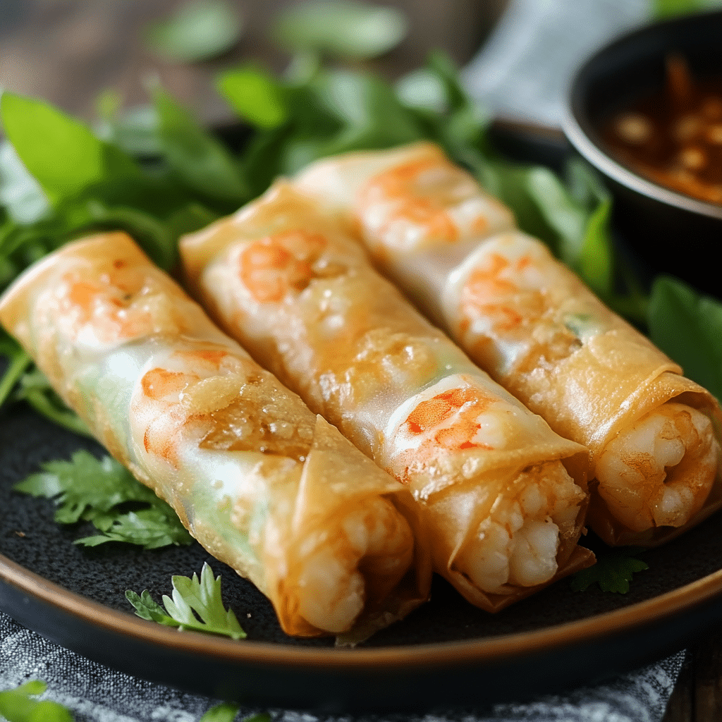 finished shrimp spring rolls served with peanut and chili dipping sauces on a white plate.”