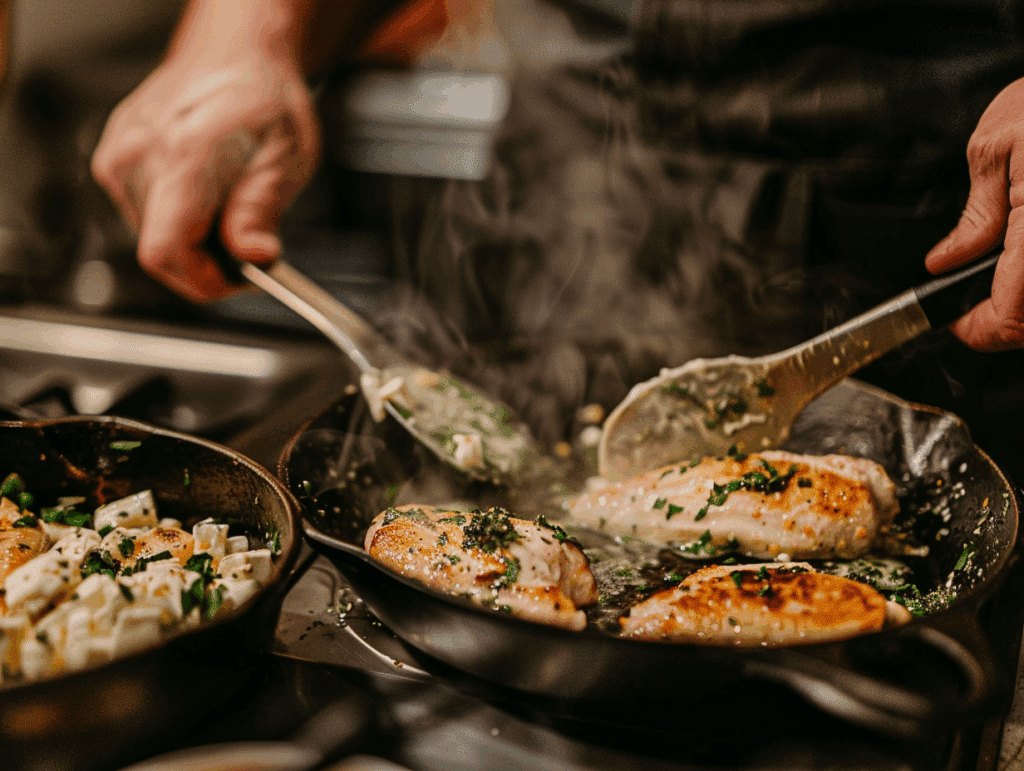“Cooking pesto chicken and spicy feta cream sauce side-by-side in a rustic kitchen setting”