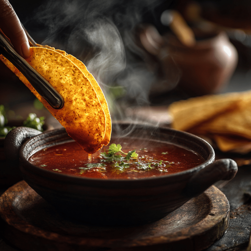 Corn tortilla dipped in rich birria consommé before making enchiladas.