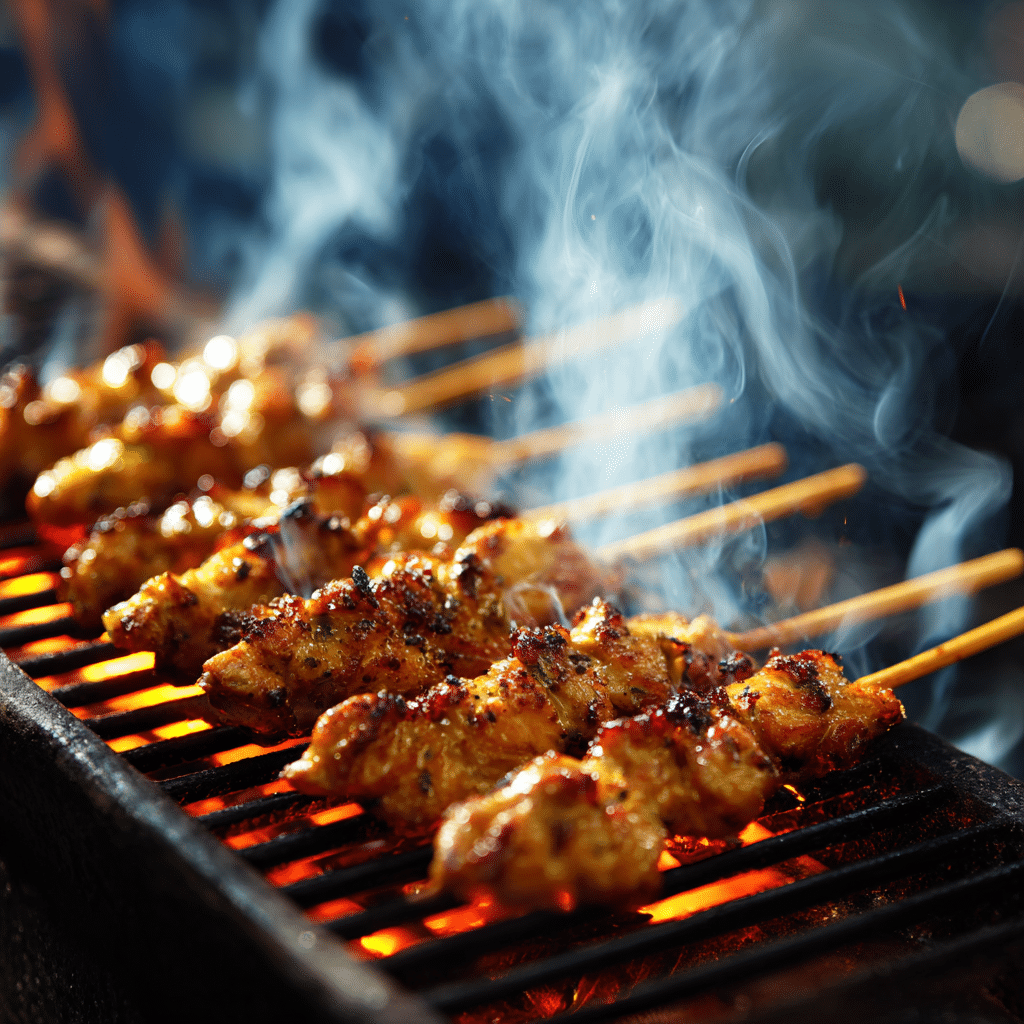 Grilled Chicken Satay with Easy Thai Peanut Sauce cooking over flames with a smoky char.