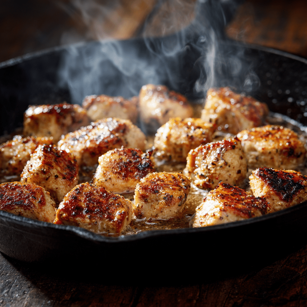 Ingredients for cajun chicken bites with creamy garlic herb alfredo twists arranged on a rustic board.
