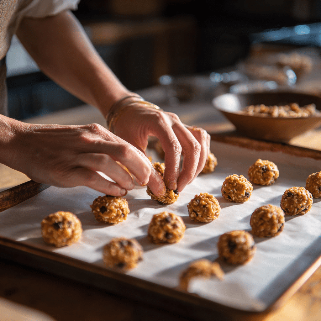 Hands rolling No-Bake Cookie Dough Bites onto a tray for chilling