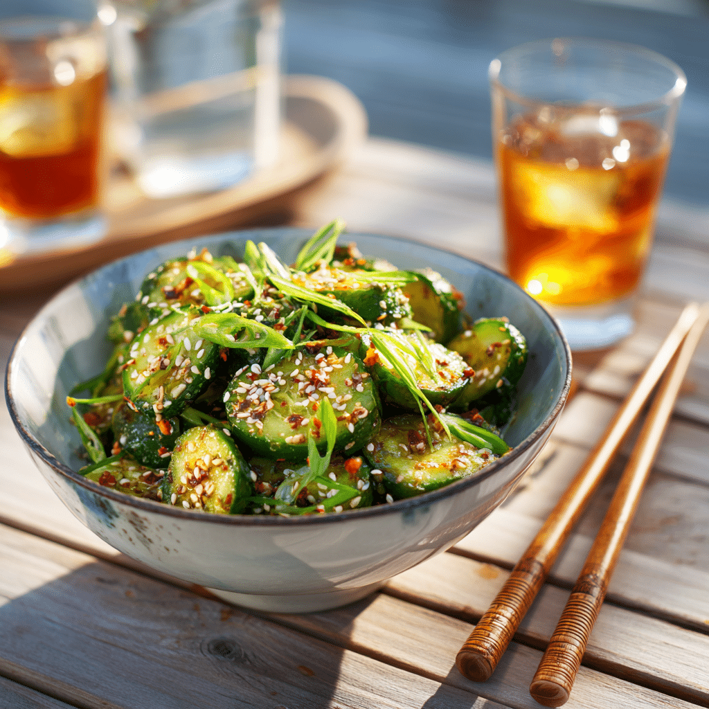 Spicy Cucumber Salad served in a white ceramic bowl with sesame seeds and scallions on top