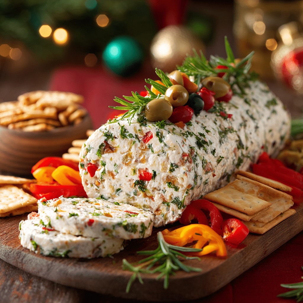 “Finished Festive Holiday Antipasto Cream Cheese Log ready to serve with crackers and garnishes.”