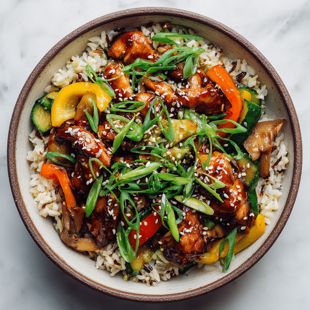 Plated colorful teriyaki chicken stir-fry with wild rice and rainbow vegetables