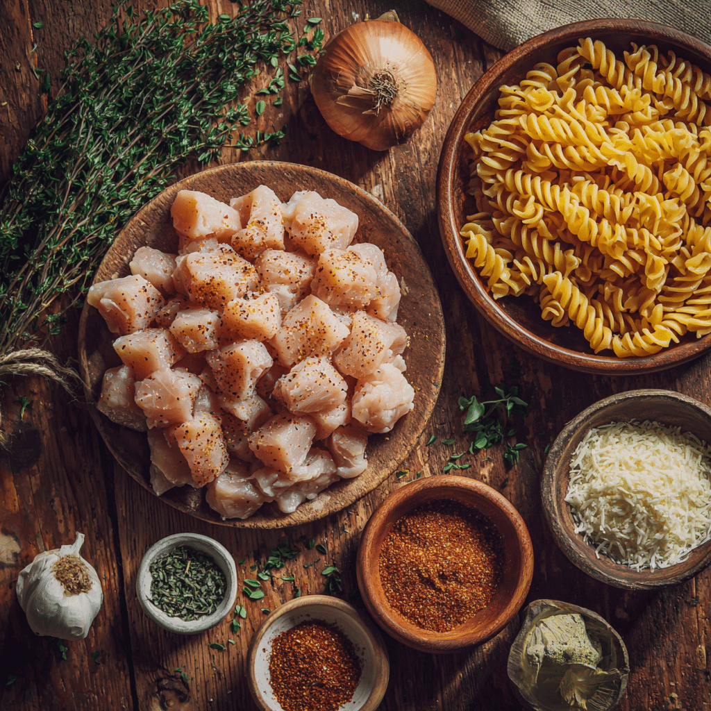 Ingredients for cajun chicken bites with creamy garlic herb alfredo twists arranged on a rustic board.