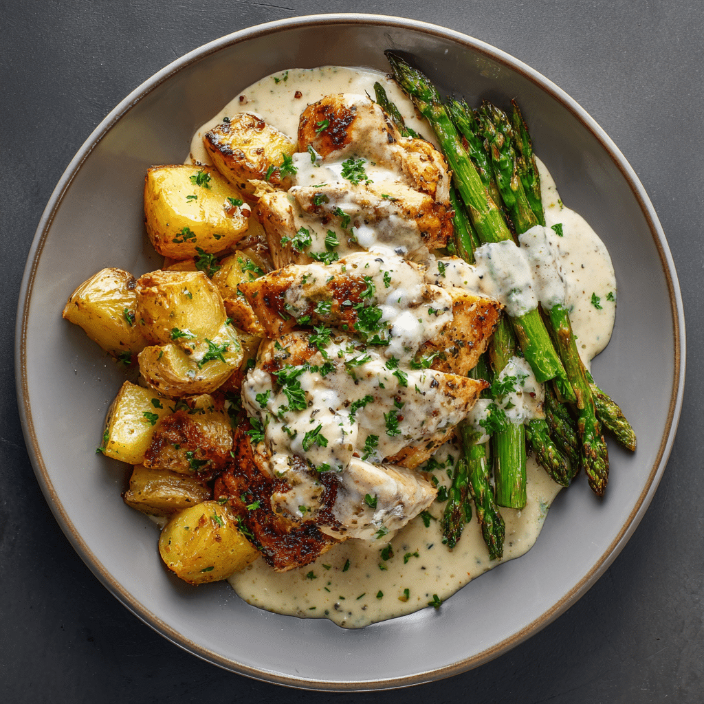 “Final plated Greek Chili Chicken Alfredo Recipe with smoked feta sauce, roasted potatoes, and crispy parmesan asparagus.”