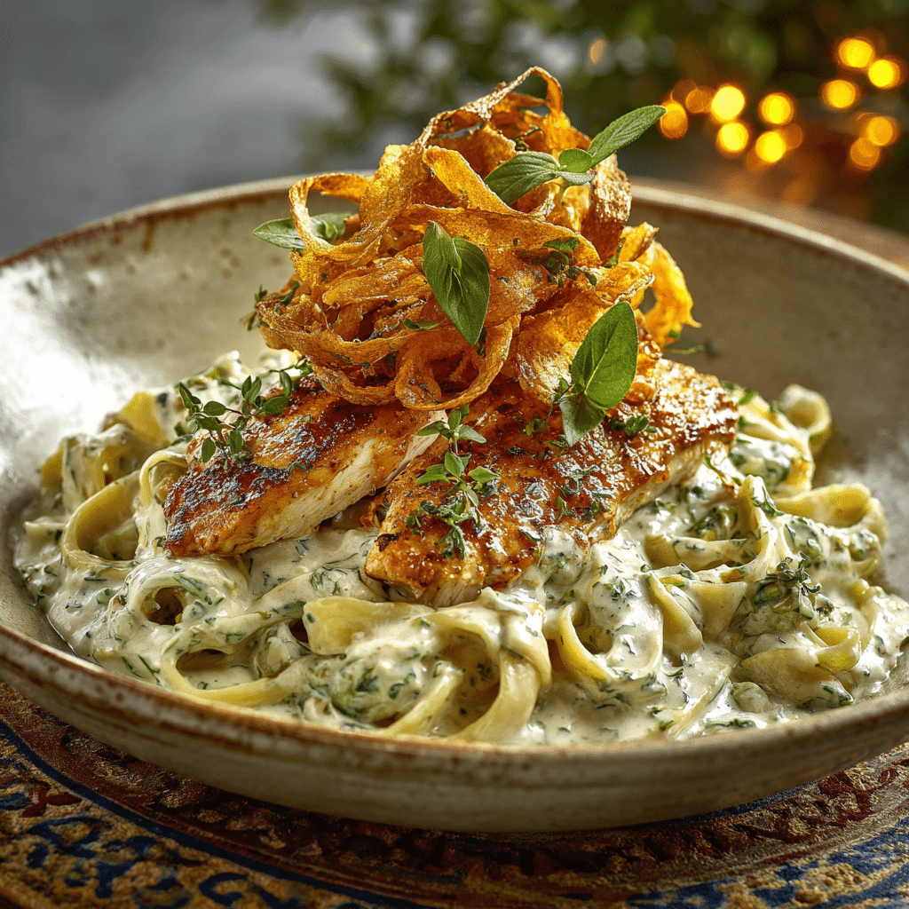 Hot Honey Cajun Chicken Alfredo with Basil Feta Swirl & Crispy Brussels Chips