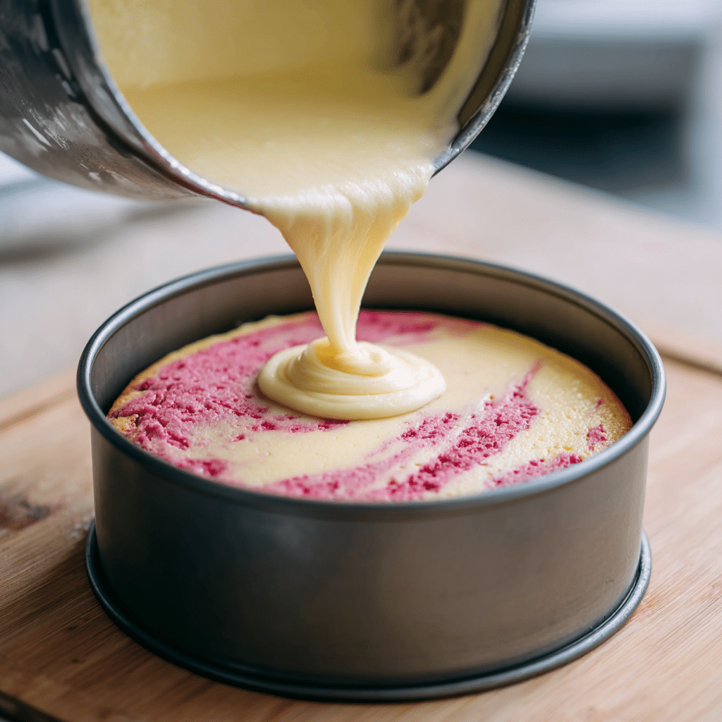 “Cheesecake batter with raspberry swirl being poured over pink velvet cake layer in a springform pan for Pink Velvet Raspberry Cheesecake.”