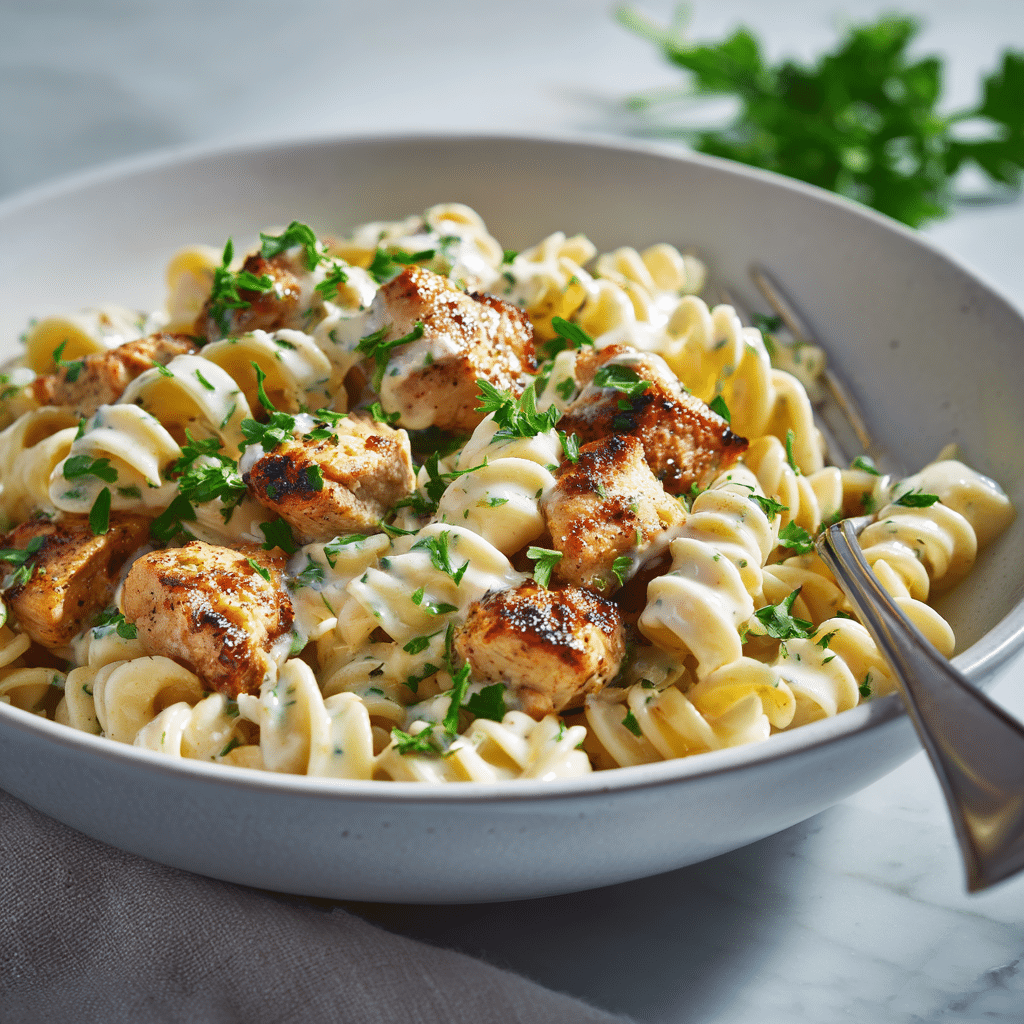 cajun chicken bites with creamy garlic herb alfredo twists