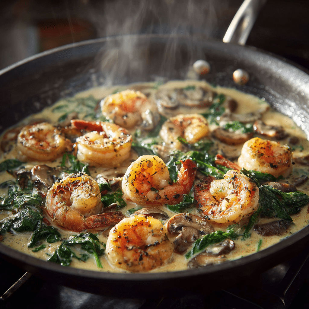 Shrimp, spinach, and mushrooms simmering in cream sauce for creamy spinach mushroom shrimp shells.