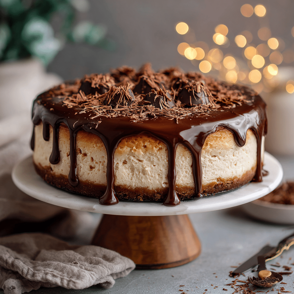 “Sliced Baileys Irish Cream Cheesecake with chocolate ganache and shavings on a dessert plate.”