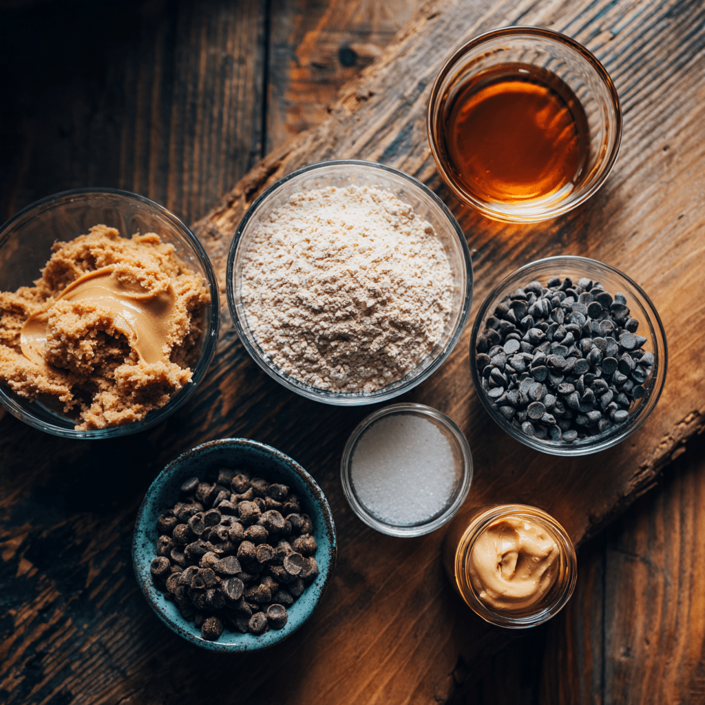 Ingredients for No-Bake Cookie Dough Bites laid out in bowls on a wooden kitchen counter