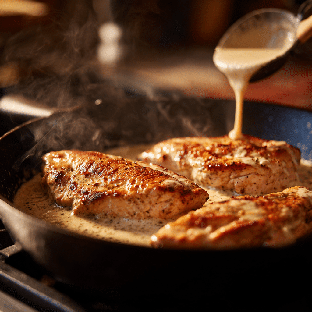 Seared chicken and lemon dill Alfredo sauce cooking in a skillet, step-by-step prep for a Mediterranean-inspired chicken dinner.
