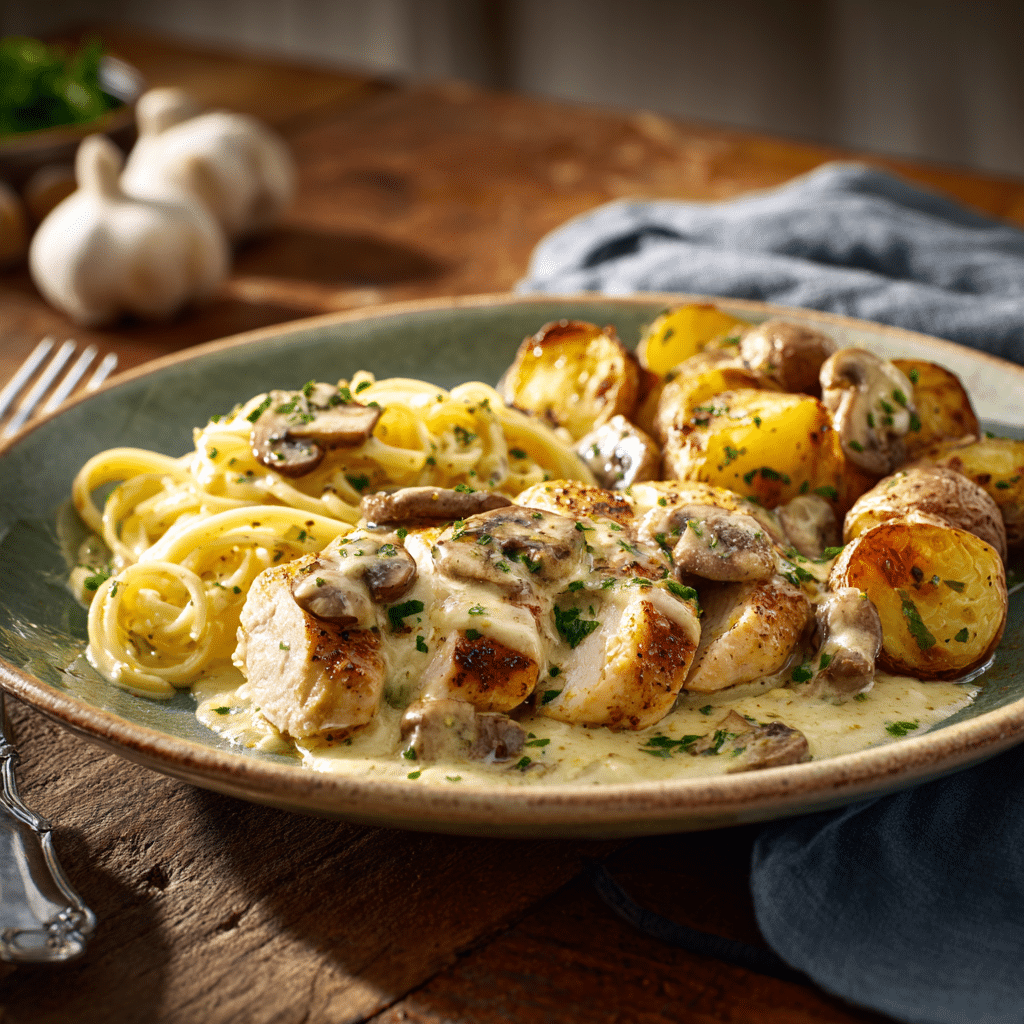 Plated Creamy Mushroom Chicken Alfredo with Hot Honey Roasted Potatoes on a rustic dinner table