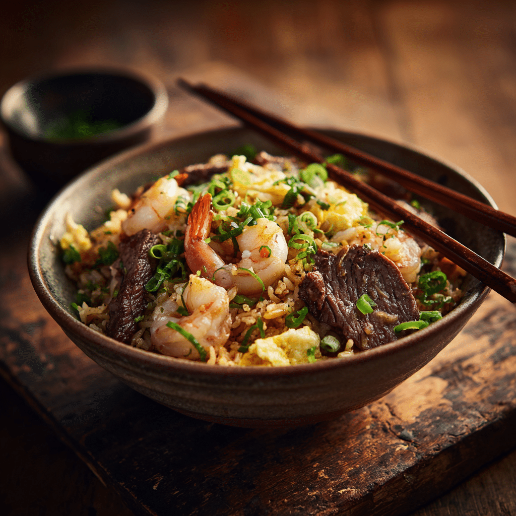 Served Shrimp and Steak Fried Rice in a bowl garnished with green onions.