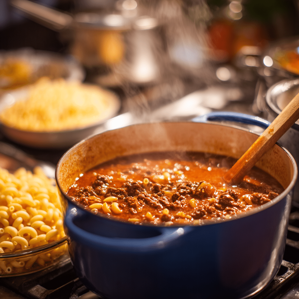 Old Fashioned Goulash simmering in a Dutch oven with visible steam, ready for macaroni to be added.