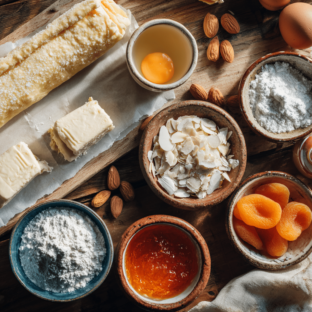 Flaky Sweet Almond Pastry ingredients on a rustic kitchen counter.