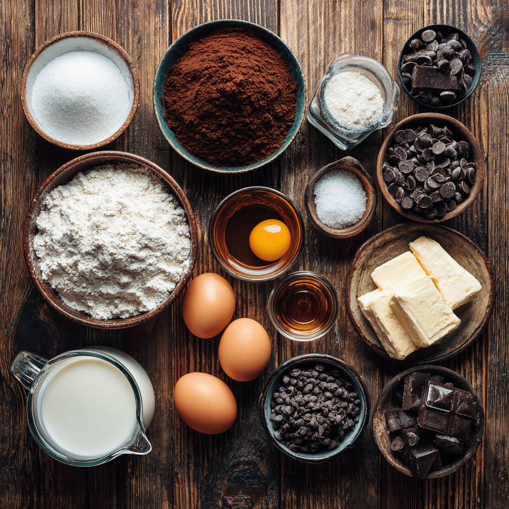 Ingredients for Glazed Chocolate Donut Holes including flour, cocoa powder, eggs, and chocolate chips