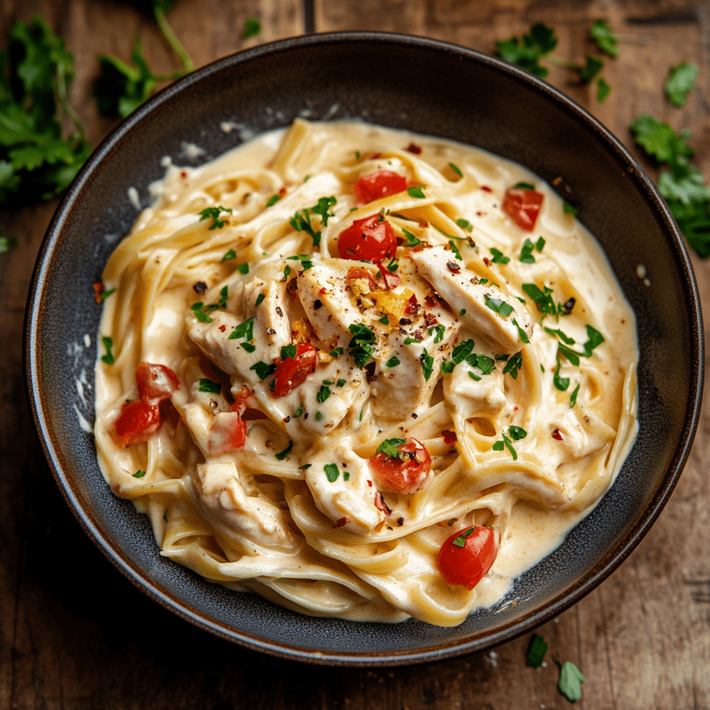 “Creamy Cajun Chicken Linguine with Spicy Garlic Cheese Sauce served in a pasta bowl.”