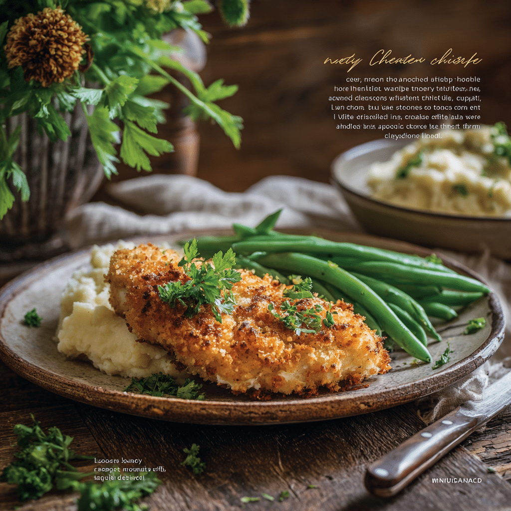 “Plated Crispy Cheddar Chicken served with mashed potatoes and green beans, garnished with parsley.”