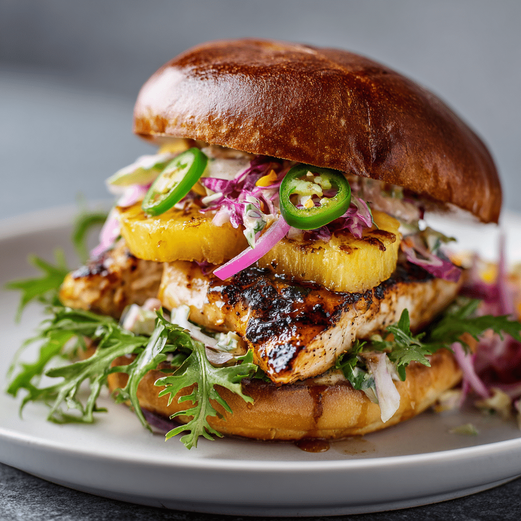 Finished Grilled Hawaiian Chicken Sandwich served with tropical slaw and grilled sides