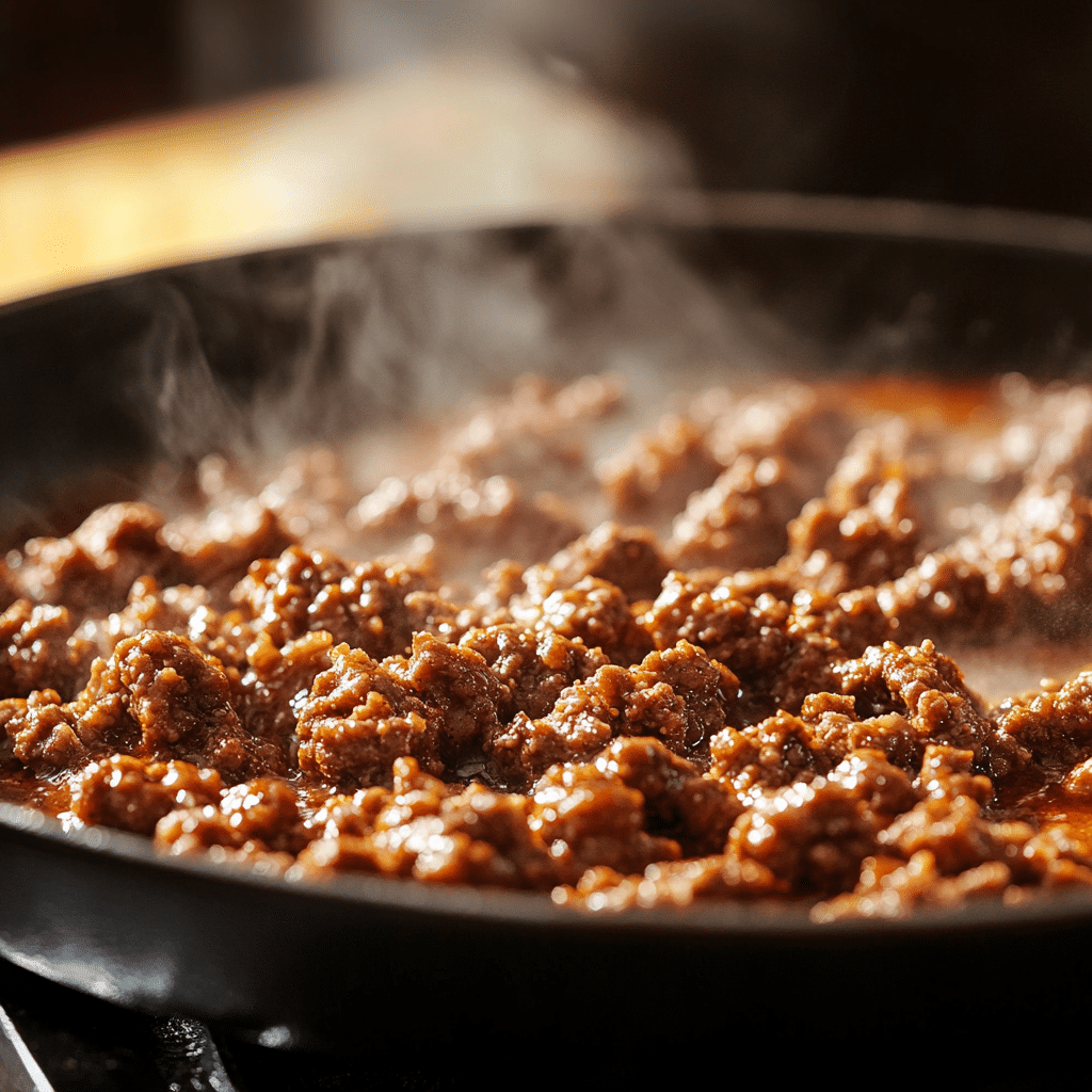 “Cajun beef sizzling in a skillet for Velveeta Penne Pasta with Cajun Beef Alfredo Sauce.”