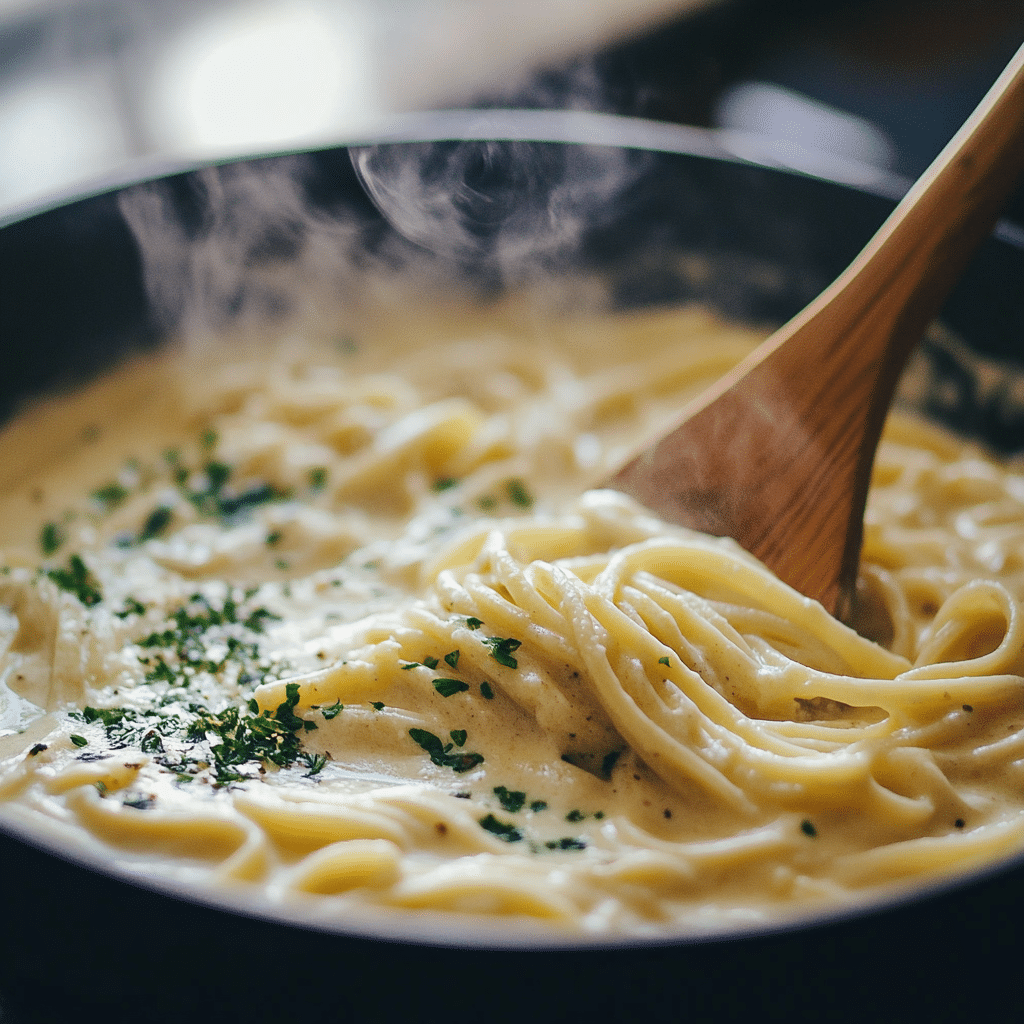 “Linguine simmering in creamy garlic mozzarella sauce in one pot.”