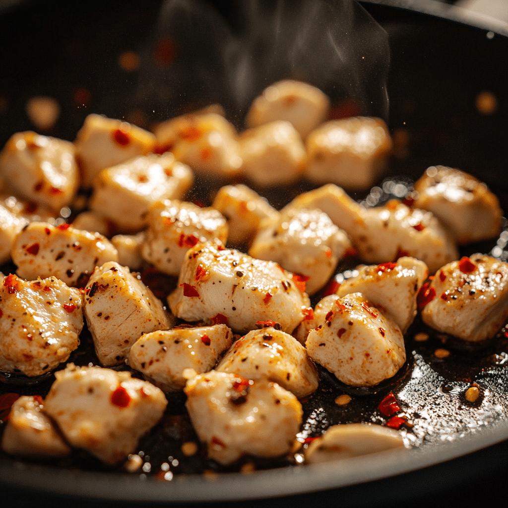 Spicy garlic butter chicken cooking in a skillet for linguine pasta.