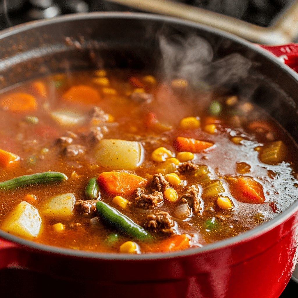 “Best Ever Easy Vegetable Beef Soup simmering in a Dutch oven with vibrant vegetables.”